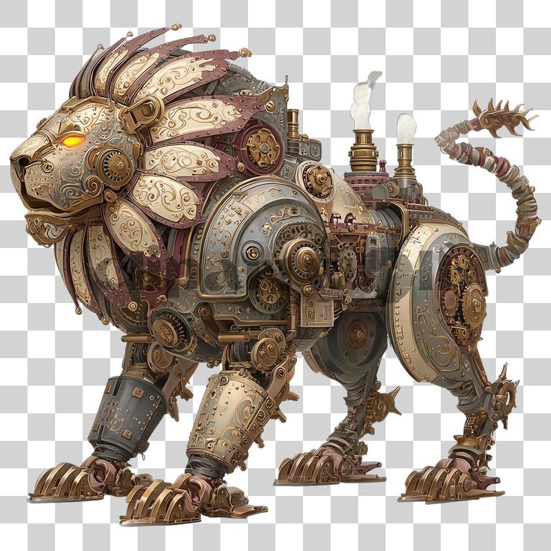 Mechanischer Löwe im Steampunk-Stil mit Zahnrädern, Messingplatten und leuchtenden Augen