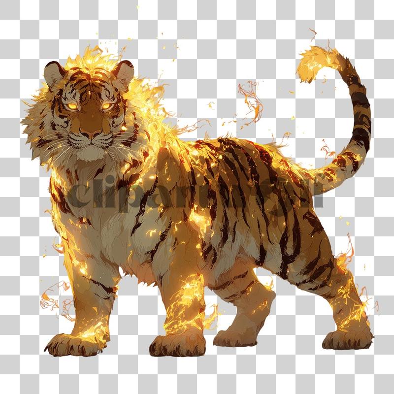 Wilder Tiger, der mit magischem Feuer und brennenden Augen glüht