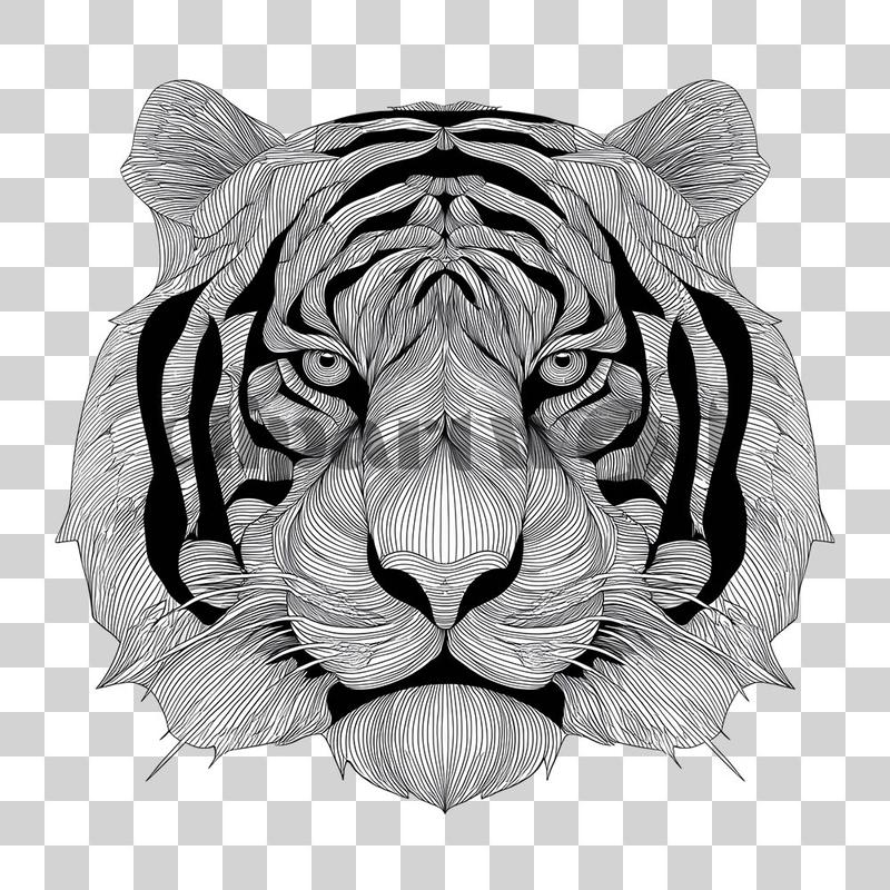 Minimalistische Strichzeichnung eines Tigerkopfes mit kräftigen schwarzen Linien