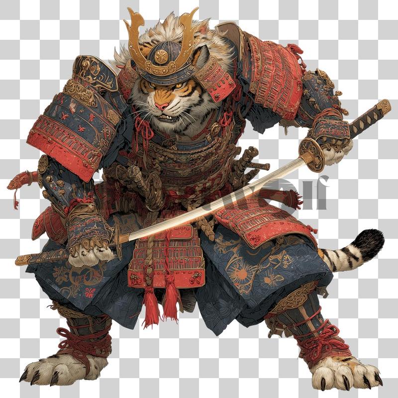 Wilder Tiger in Samurai-Rüstung mit einem Katana-Schwert