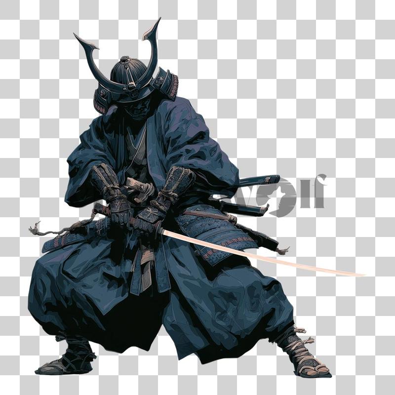 Samurai gaya Ronin Dark 47 memegang katana dalam posisi bertarung
