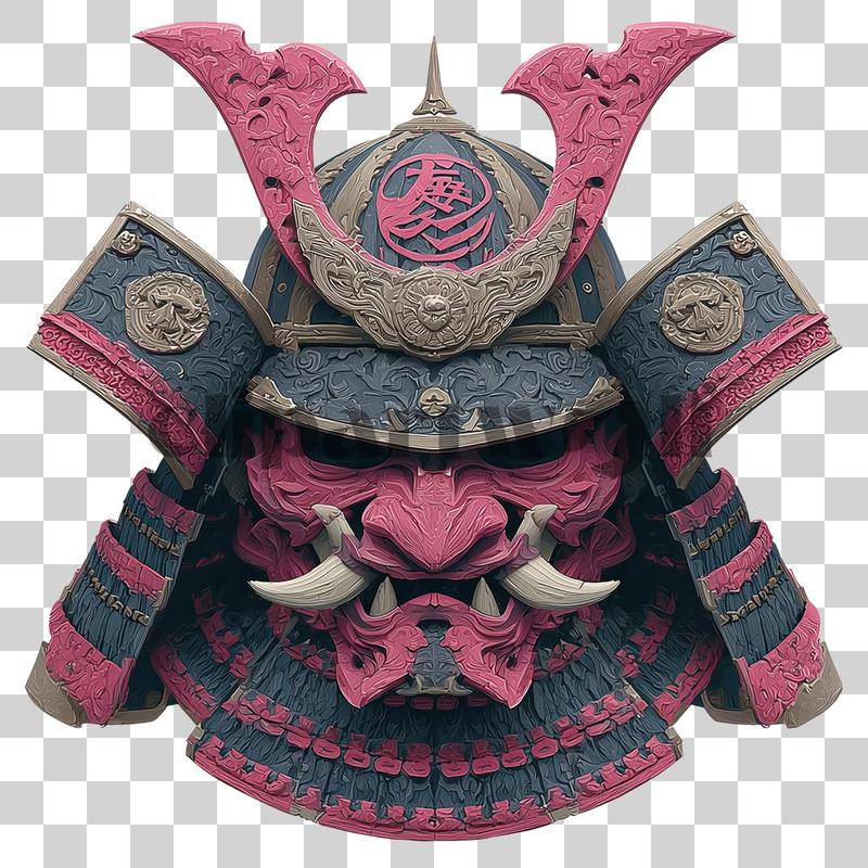 Samurai mengenakan topeng tengkorak terinspirasi Oni sambil memegang katana yang bersinar