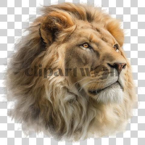 Realistic lion head with golden mane and deep amber eyes