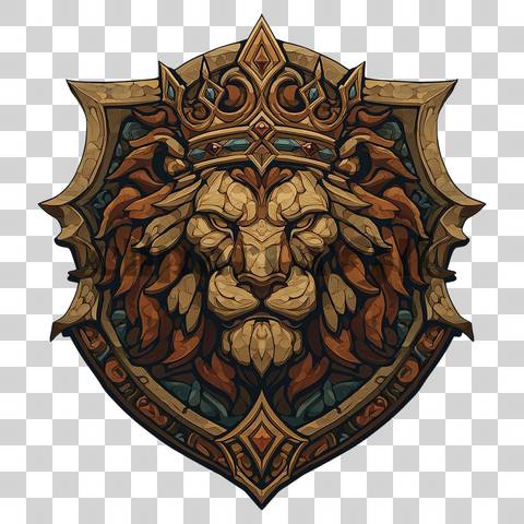 Lion head in shield emblem with golden crown