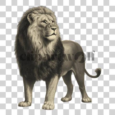 Vintage engraving-style lion standing with detailed mane and shading