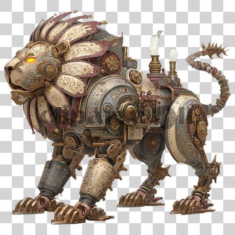 Steampunk-style mechanical lion with gears, brass plates, and glowing eyes