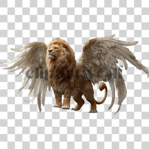 Majestic lion with large golden-white feathered wings standing proudly