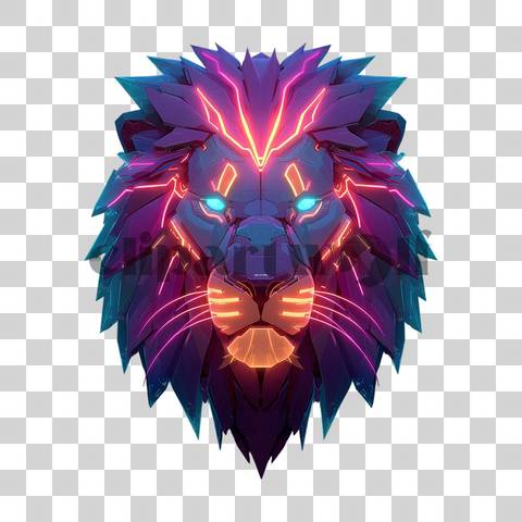 Futuristic neon-glowing cyberpunk lion head with vibrant colors