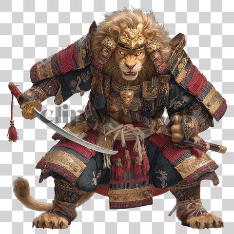 Fierce lion in red and black samurai armor holding a katana