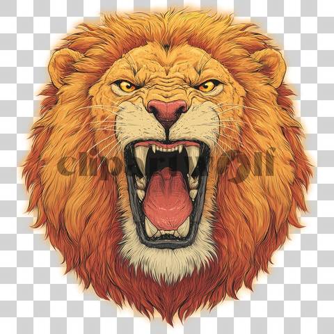 Detailed roaring lion head with fluffy mane and open mouth