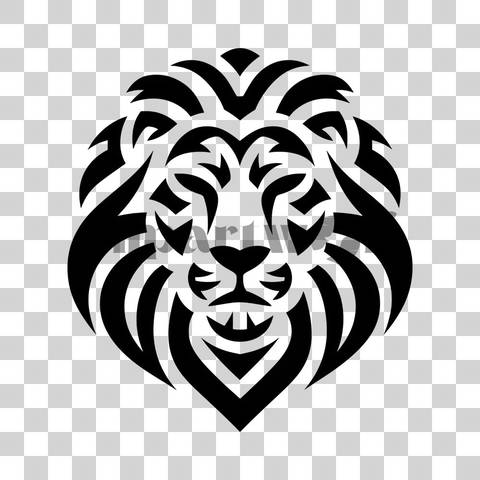Tribal-style lion head with abstract black line design