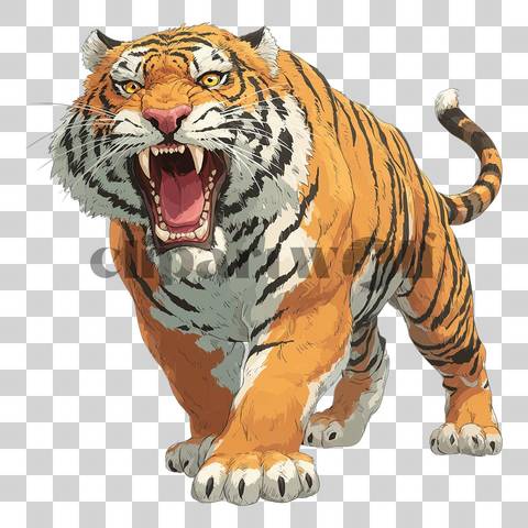 Cartoon tiger standing with open mouth in roaring pose