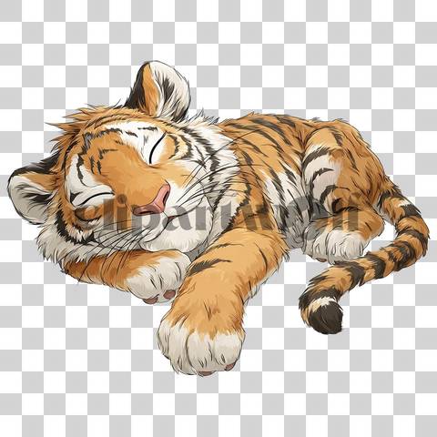 Cartoon tiger lying down with eyes closed in sleeping pose