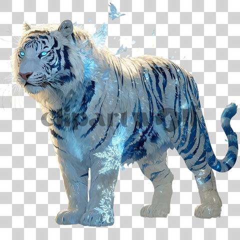 Frost tiger glowing with icy blue eyes and frozen fur details