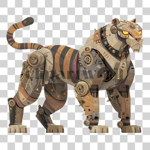 Steampunk tiger clipart with brass panels, gears, and bold flat colors