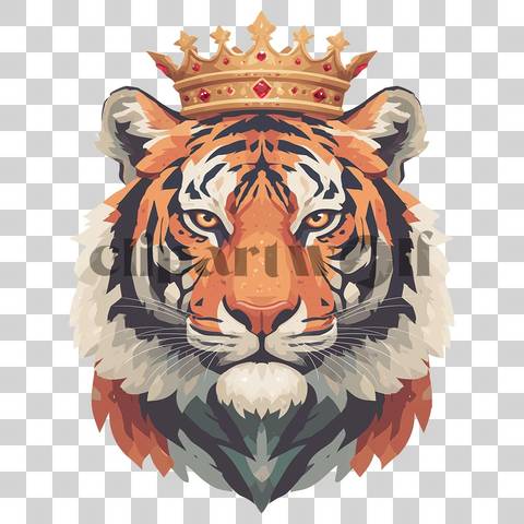 Tiger head wearing golden crown with red gemstones and bold stripes