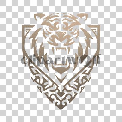 Tribal tiger emblem with roaring face inside a shield crest