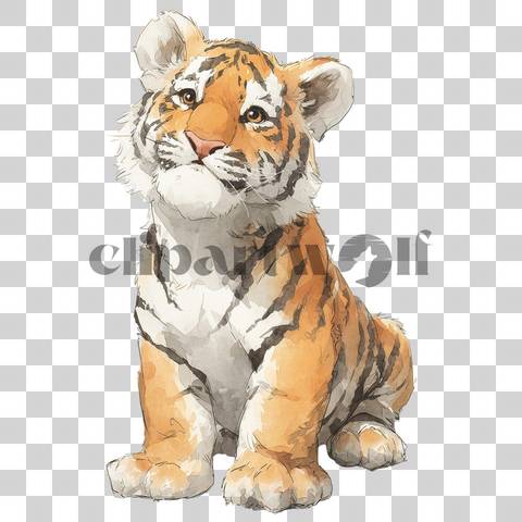 Cute watercolor baby tiger cub sitting with playful expression