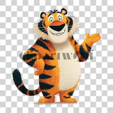Madagascar-inspired cartoon tiger standing upright and waving