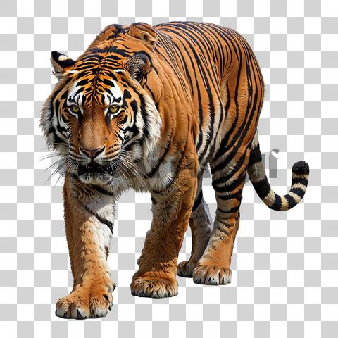 Realistic Bengal tiger walking with head slightly lowered