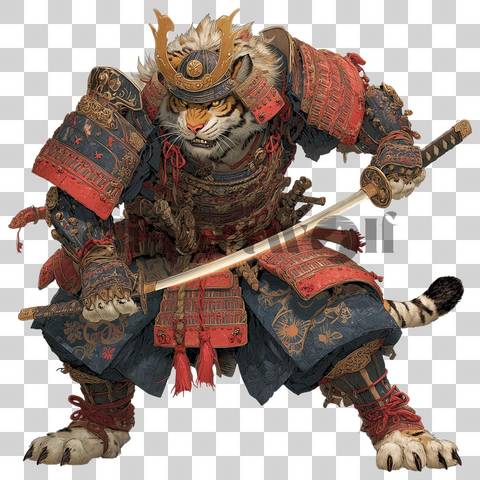 Fierce tiger in samurai armor holding a katana sword