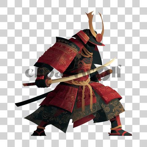 Traditional samurai in red and black armor holding a katana
